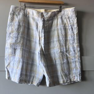 Tommy Bahama Relax Shorts Mens 38 Beige‎ Blue Plaid Linen Zip Fly Button Pockets